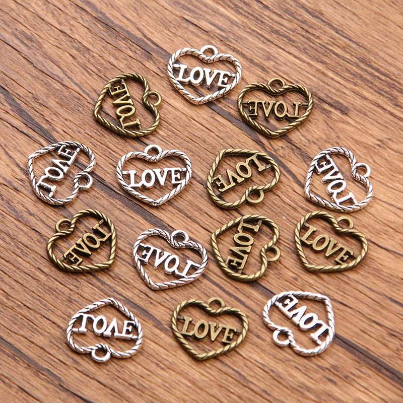2 Colors 13*14mm DIY Zinc Alloy Accessories Hollow Heart LOVE Pendant Charm