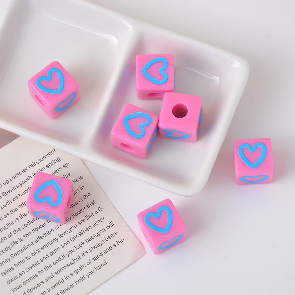 Candy Color Acrylic Square Heart Print Loose Beads