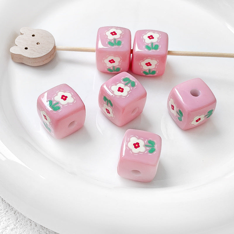 Hand-painted Print Plaid Beads Acrylic Butterfly Tulip Beads