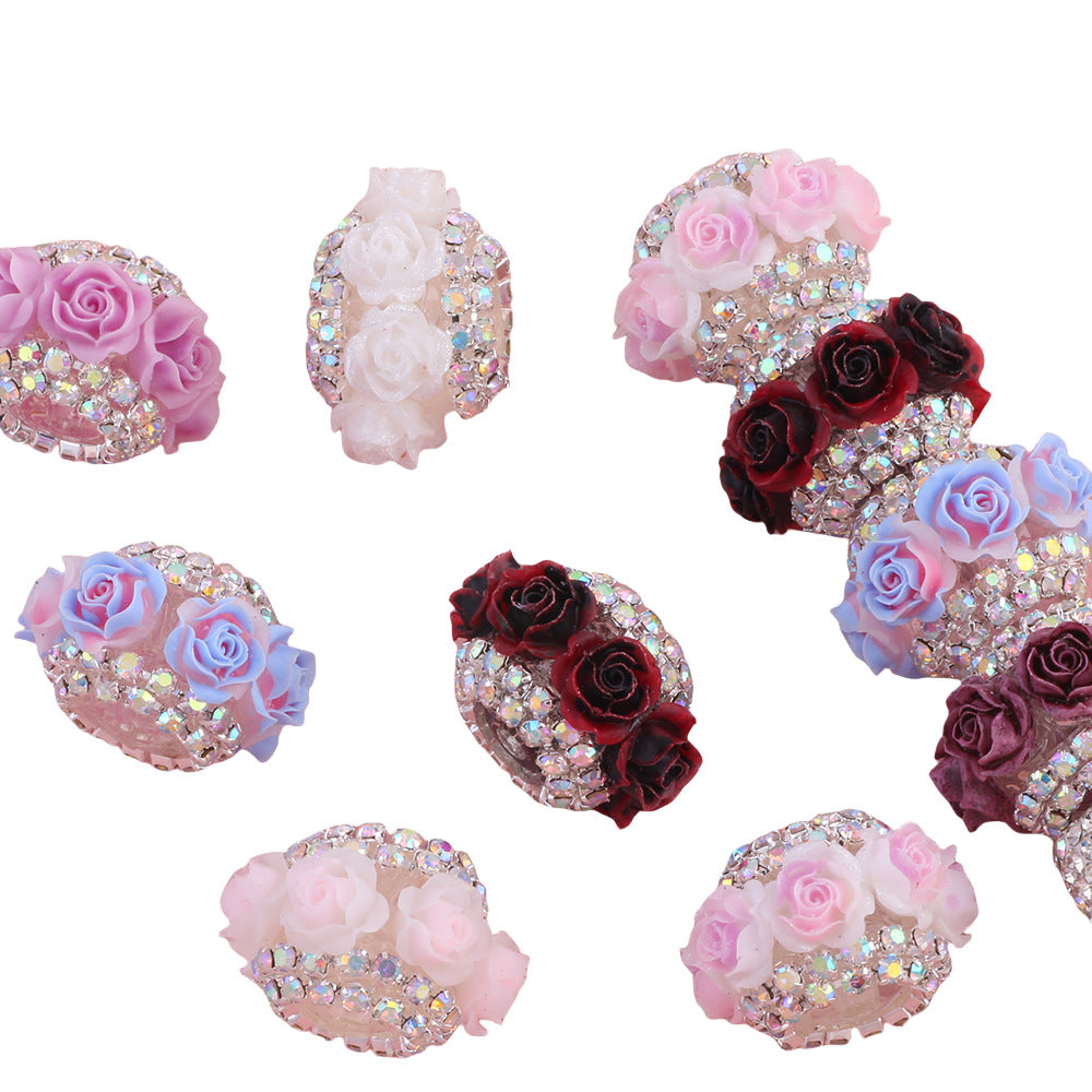Simulated Rose Flower Inlaid Diamond Chain Flat Bead Diamond Ball Bead