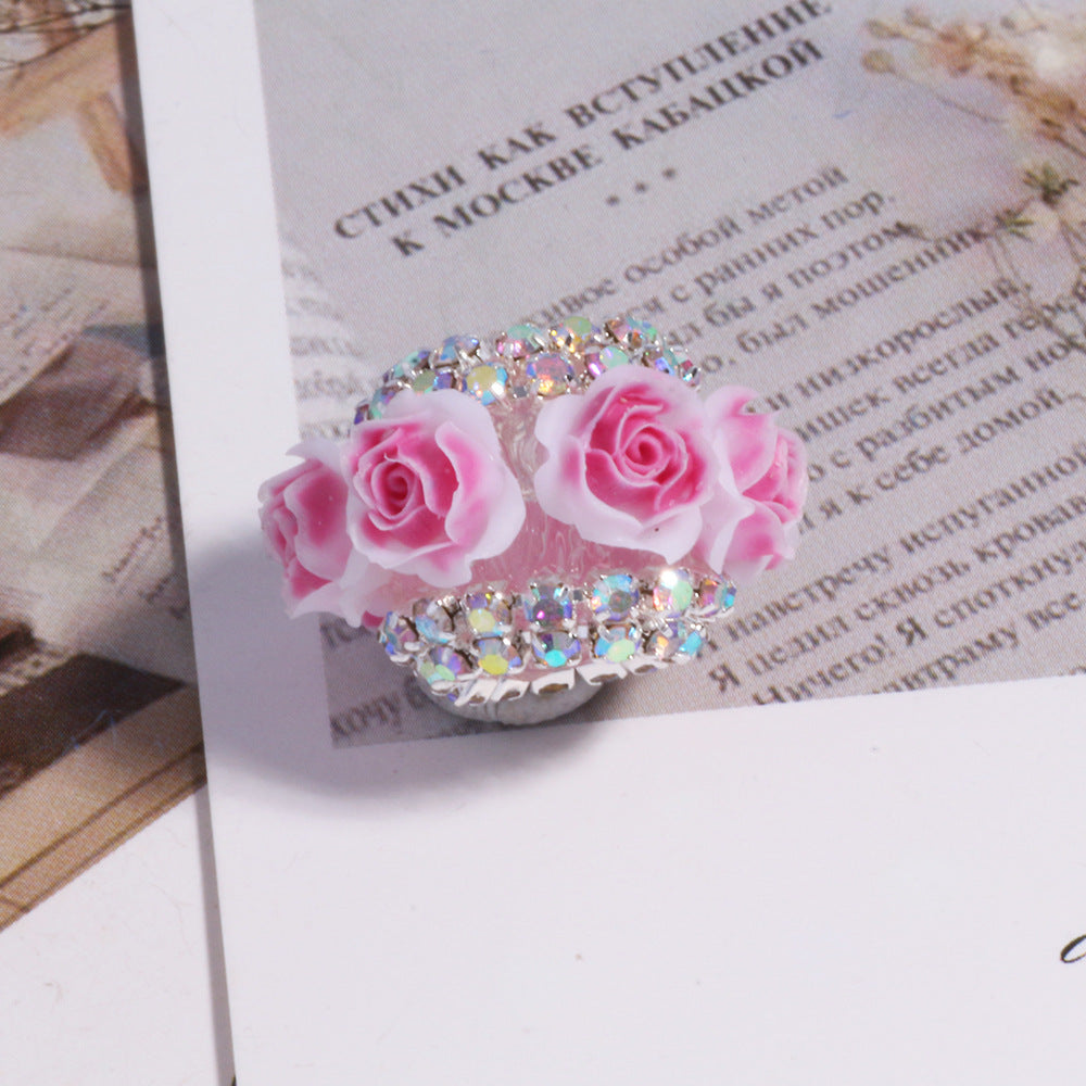 Rose Flower Holder Spacer Beads with Inlaid Rhinestones