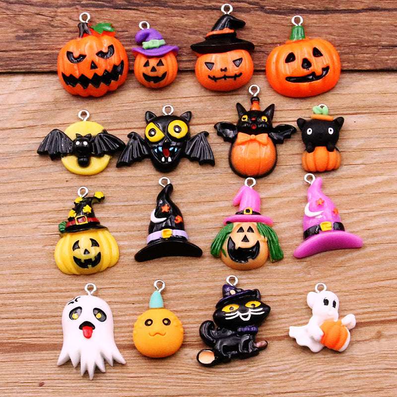 10 DIY Resin Accessories Halloween Charm Cartoon Pumpkin Hat Bat Skull Pendant Ornaments