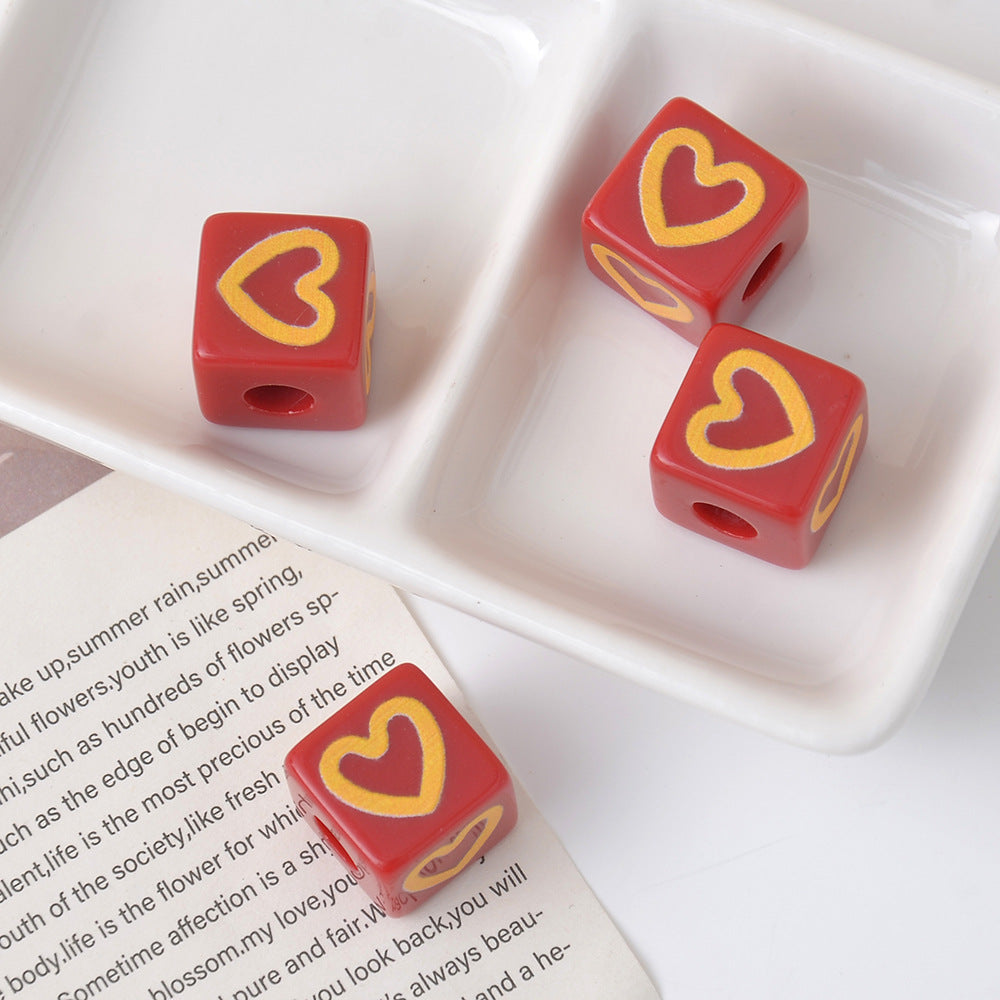 Candy Color Acrylic Square Heart Print Loose Beads
