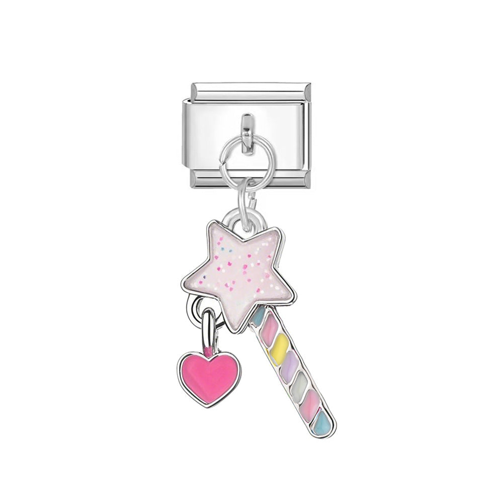 silvery pink magic wand charm