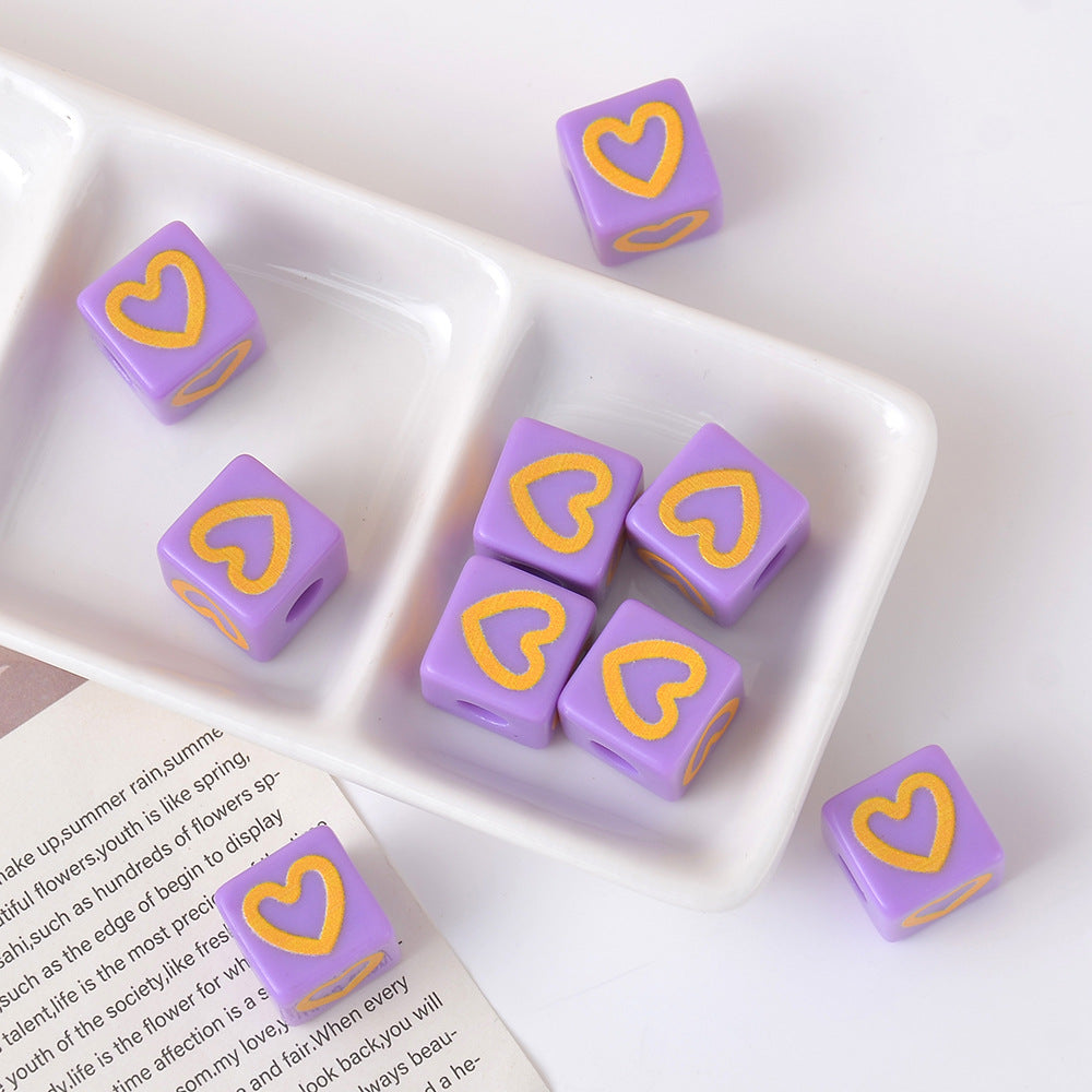 Candy Color Acrylic Square Heart Print Loose Beads