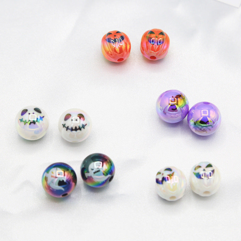 ハロウィンアクリルプリントUVメッキストレートホールラウンドビーズDIY携帯電話チェーンバッグチェーンビーズパンプキンスカルビーズ