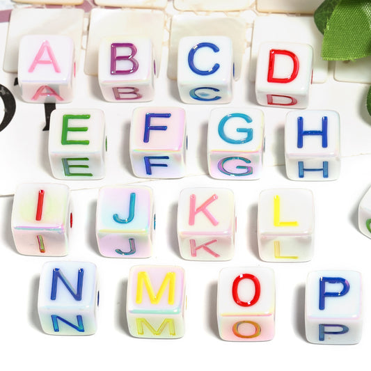 Acrylic 14mm square beads with colorful letters on white background
