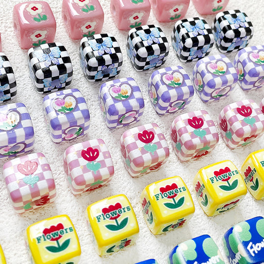 Hand-painted Print Plaid Beads Acrylic Butterfly Tulip Beads