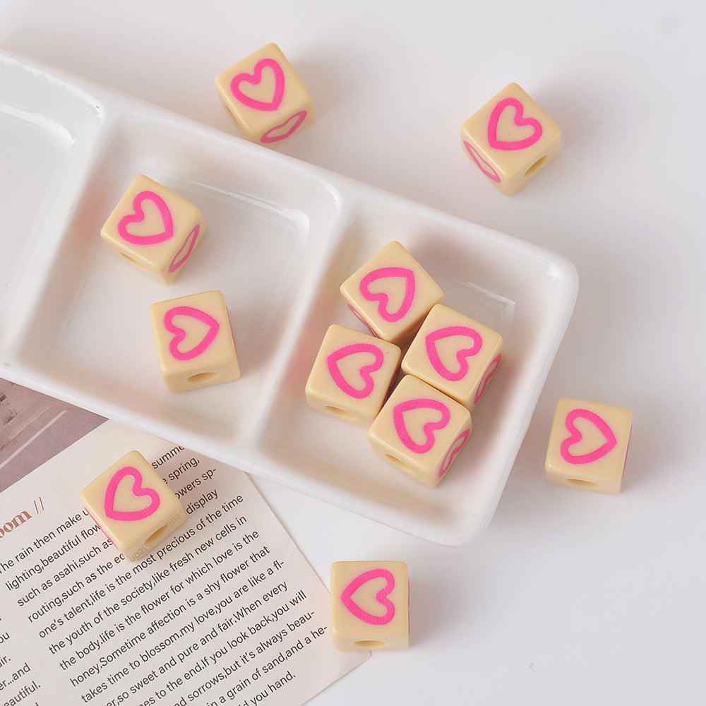 Candy Color Acrylic Square Heart Print Loose Beads