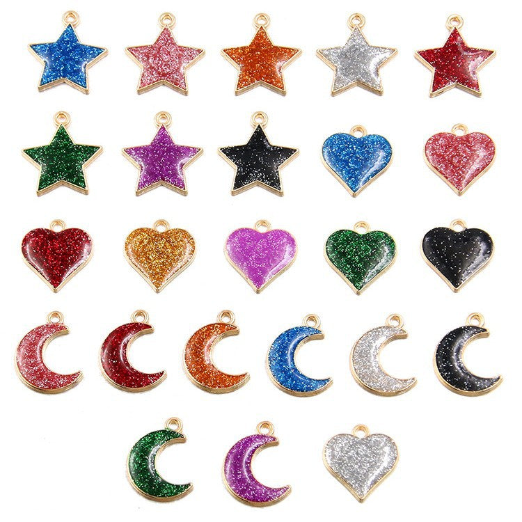 Golden Enamel Oil Drop Charm Heart Pentagram Moon Glitter Charms