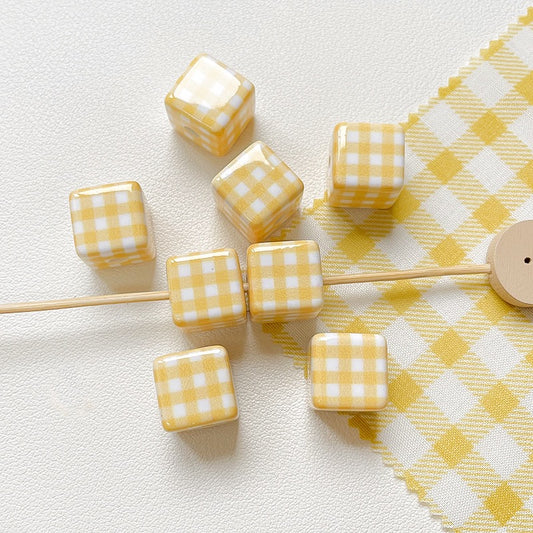 Cream yellow checkered teddy bear Acrylic beadable beads