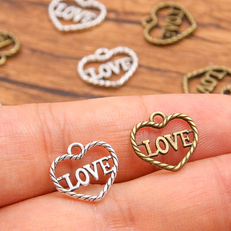2 Colors 13*14mm DIY Zinc Alloy Accessories Hollow Heart LOVE Pendant Charm
