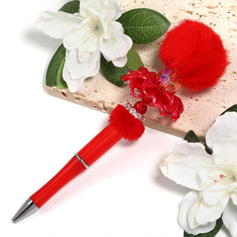 Macaron Color Top Hair Ball Beaded Pen