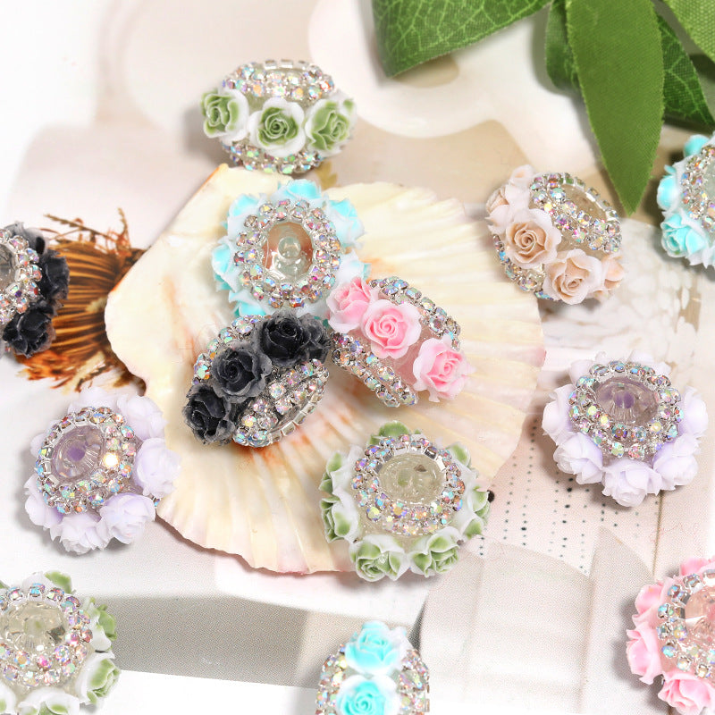 Rose Flower Beaded Rhinestone Through-hole Spacer Beads