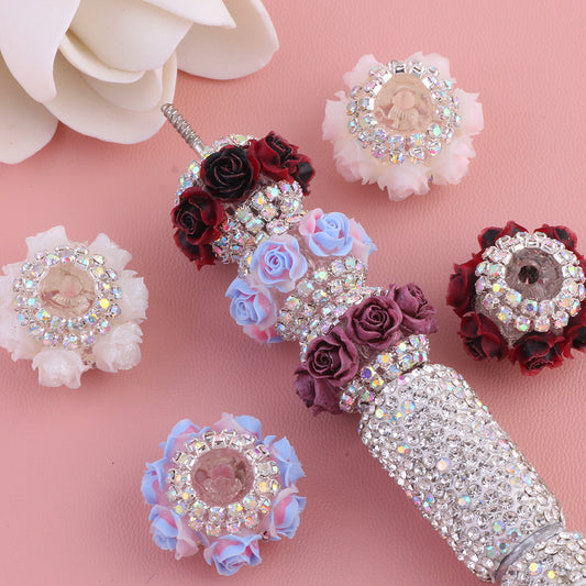 Simulated Rose Flower Inlaid Diamond Chain Flat Bead Diamond Ball Bead