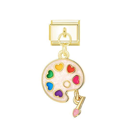Gold Artist Palette Charm with Colorful Hearts