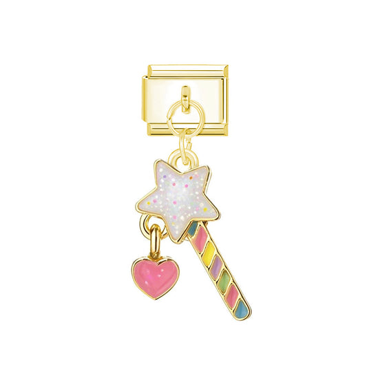 Golden pink magic wand charm