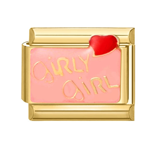 Girly Girl Enamel Charm | Gold Plated Link with Pink Enamel and Red Heart for Bracelets & DIY Jewelry