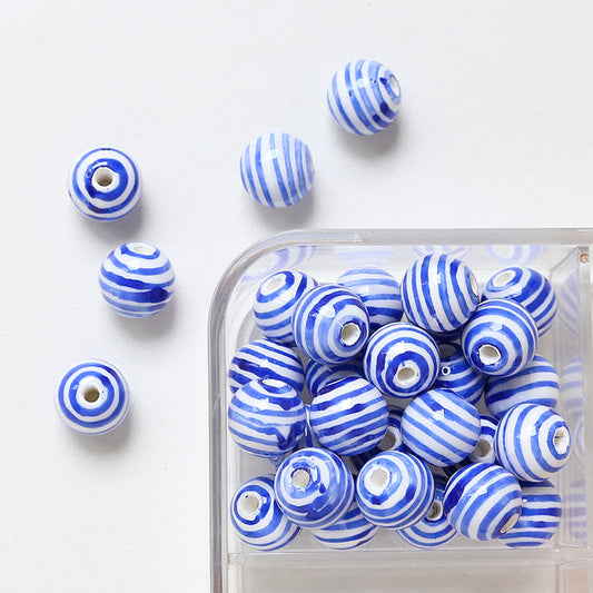 Striped contrasting straight hole round beads ceramic loose beads