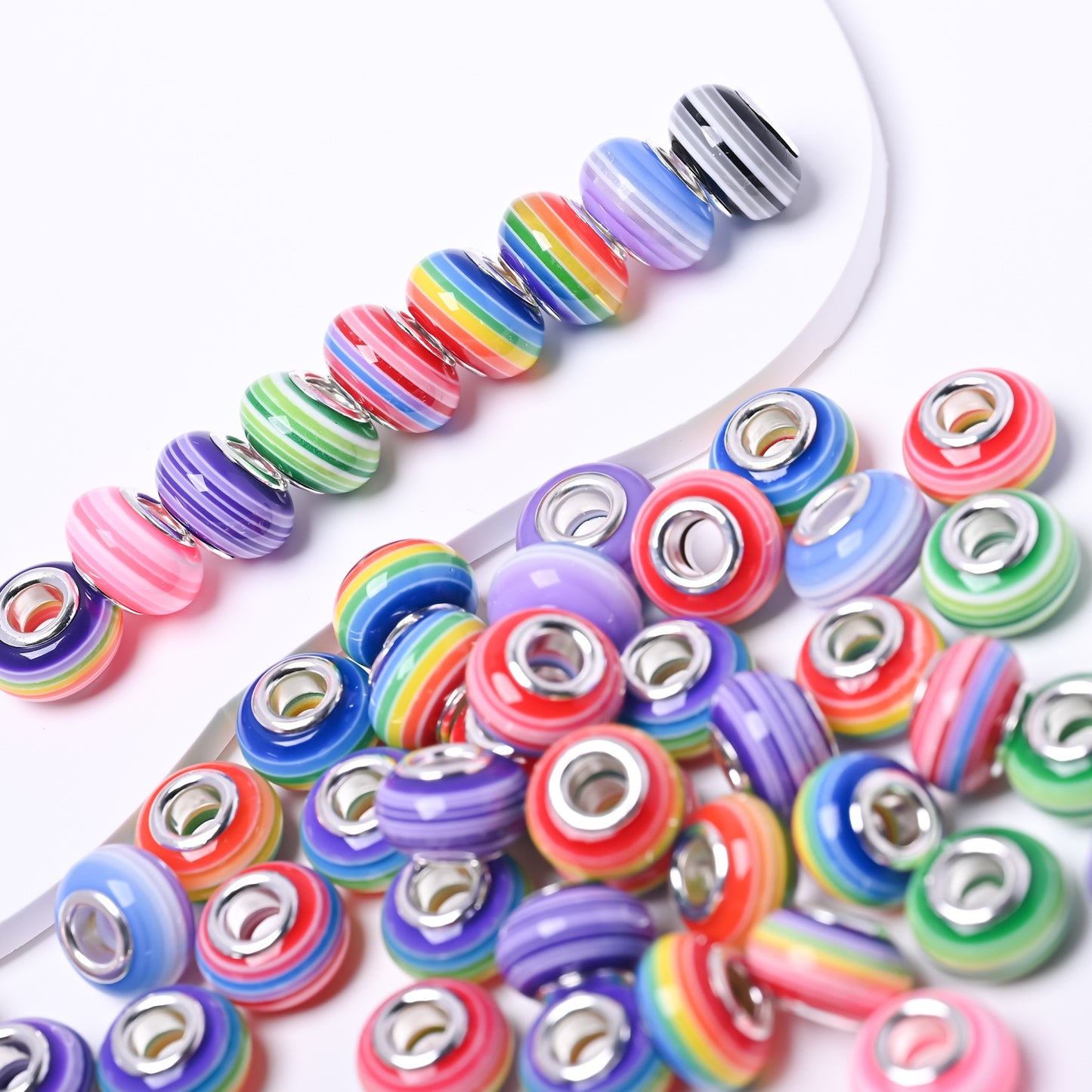 20 pcs UV-Coated Rainbow-Striped Large-Hole Resin Beads with Scattered Glitter Beads