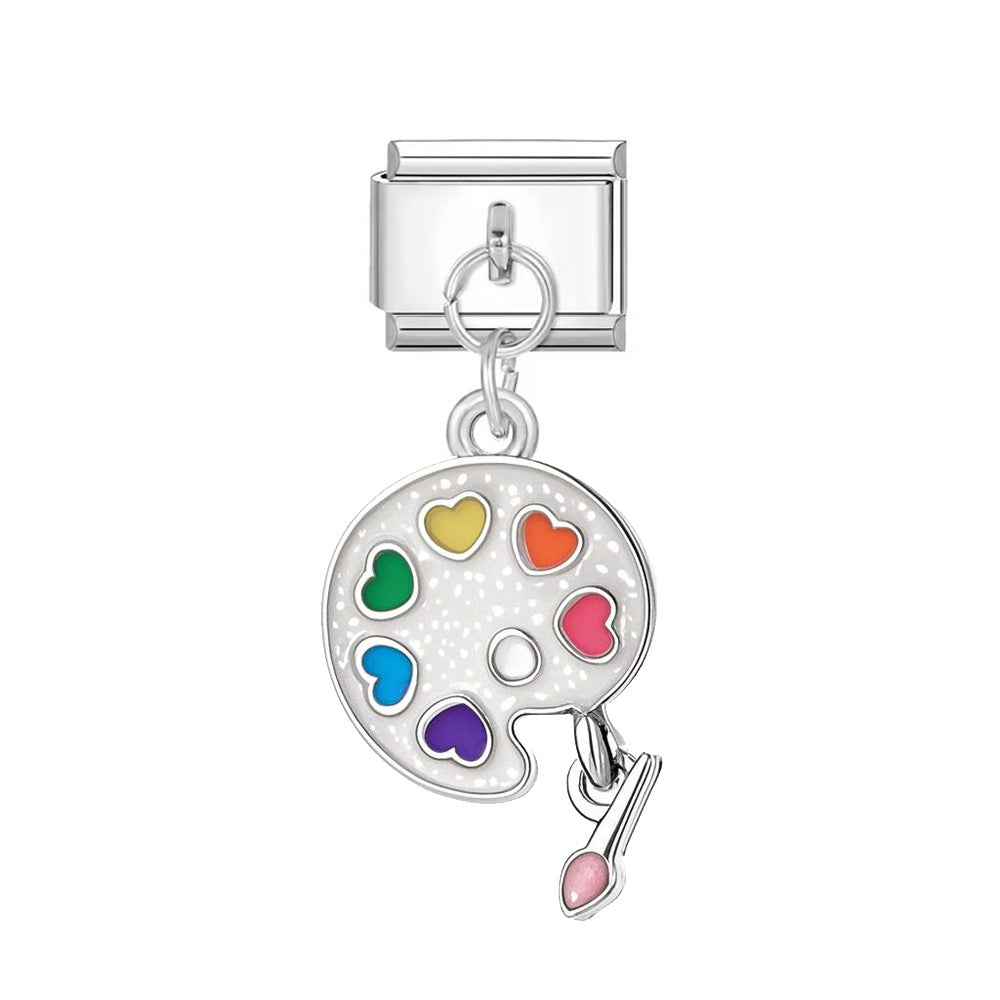 Silvery Artist Palette Charm with Colorful Hearts
