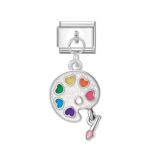 Silvery Artist Palette Charm with Colorful Hearts