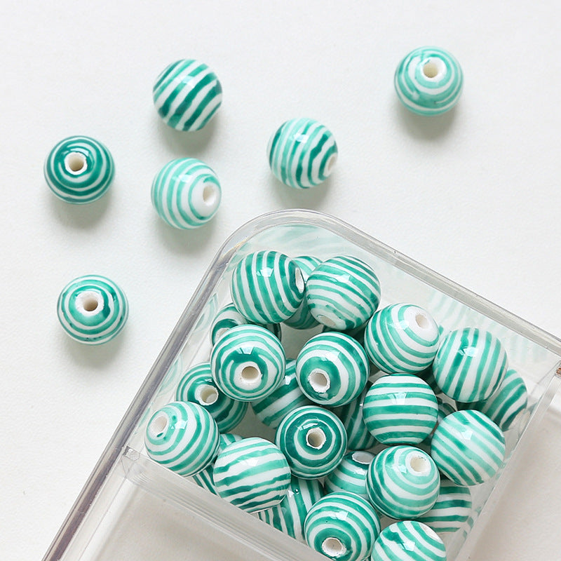 Striped contrasting straight hole round beads ceramic loose beads