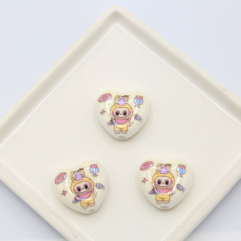 Labubu アクリルビーズプリントのハート型ビーズペンアクセサリー