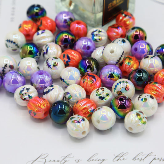 Halloween acrylic printed UV-plated straight hole round beads DIY mobile phone chain bag chain beaded pumpkin skull beads