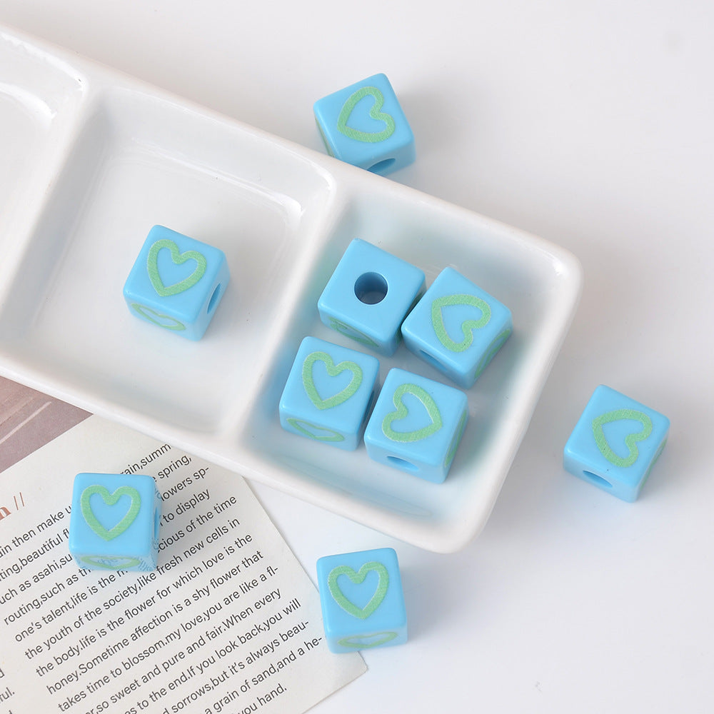 Candy Color Acrylic Square Heart Print Loose Beads