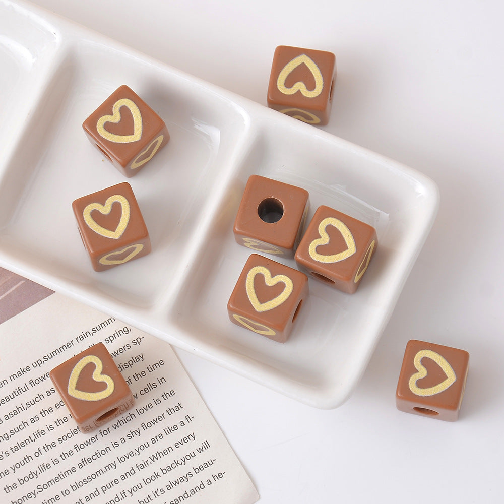 Candy Color Acrylic Square Heart Print Loose Beads