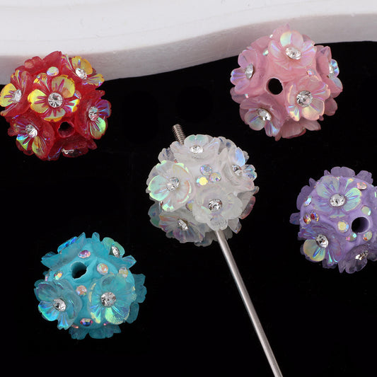 2cm Five-Petal Flower Ball with Rhinestones, Drillable Straight Hole Bead