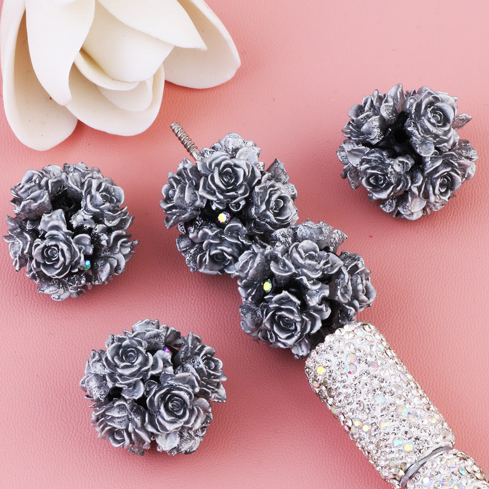 3D Flocked Rose Flower with Rhinestone Flower Ball