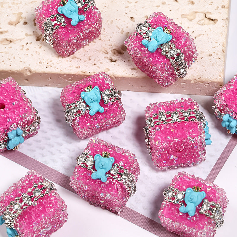 Colorful Full Diamond Sugar Crown Bear Diamond Ball Straight Hole Bead