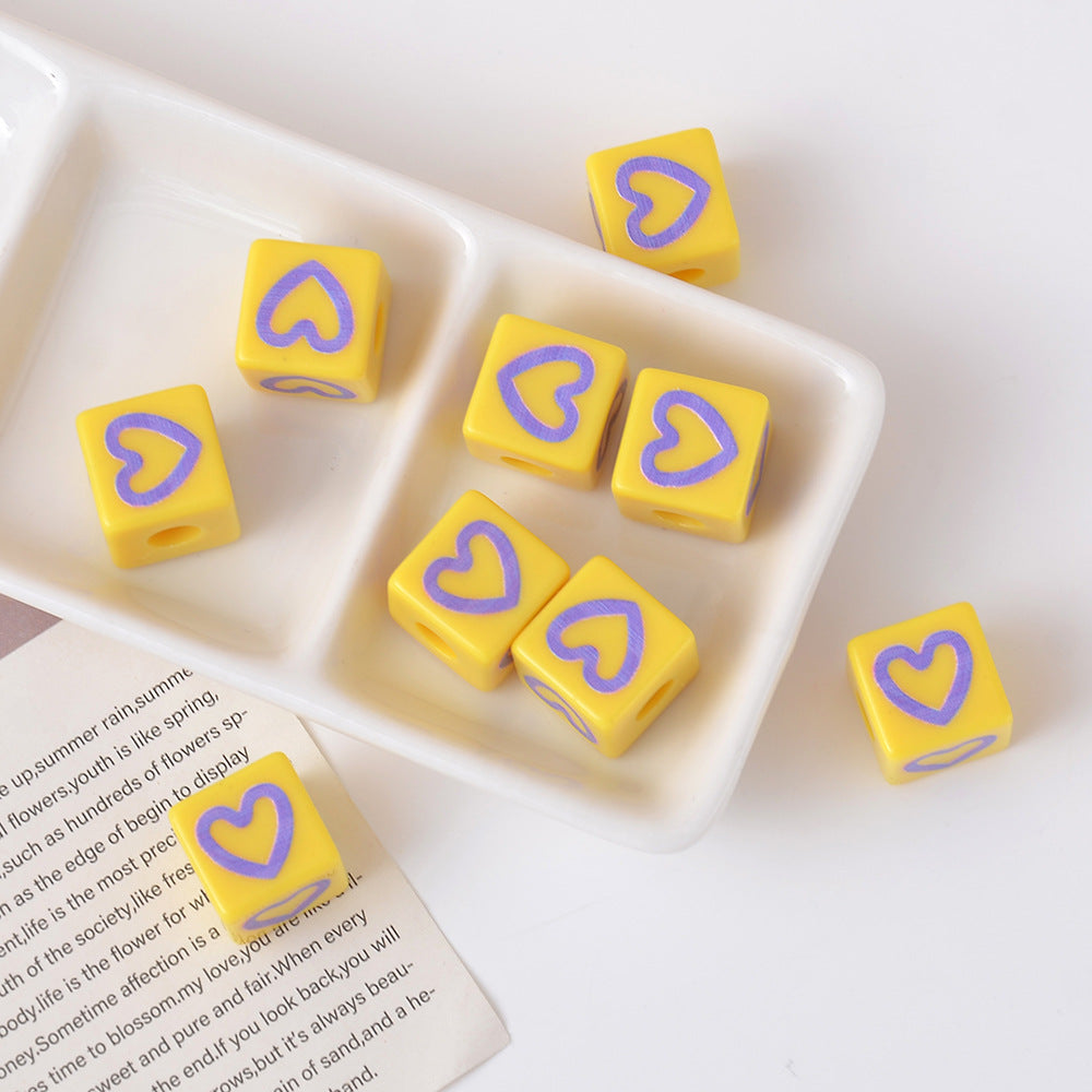 Candy Color Acrylic Square Heart Print Loose Beads
