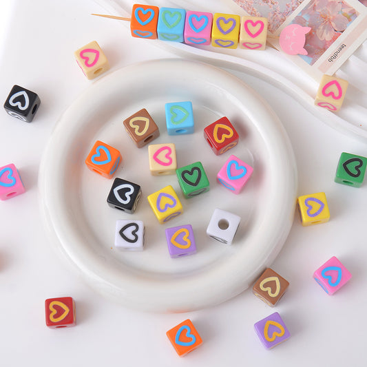 Candy Color Acrylic Square Heart Print Loose Beads