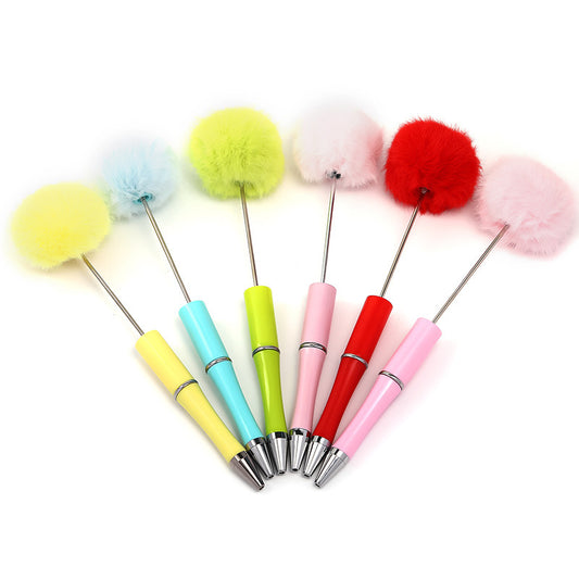 Macaron Color Top Hair Ball Beaded Pen